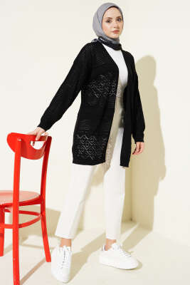 Desenli Ajurlu Basic Triko Hırka Siyah - Yılın Fırsatı