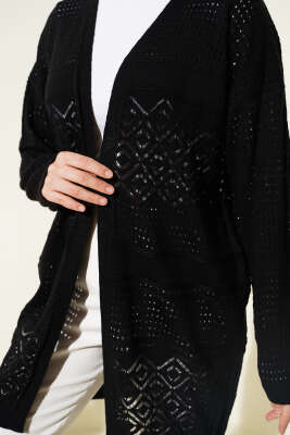 Desenli Ajurlu Basic Triko Hırka Siyah - Yılın Fırsatı