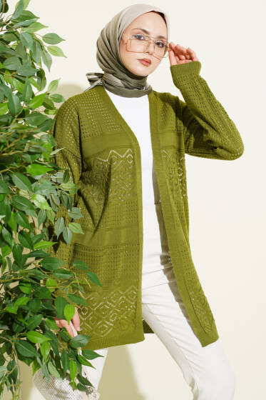 Desenli Ajurlu Basic Triko Hırka Yeşil - Hırka