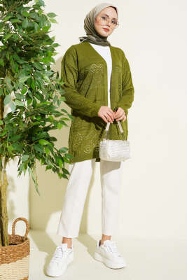 Desenli Ajurlu Basic Triko Hırka Yeşil - Hırka