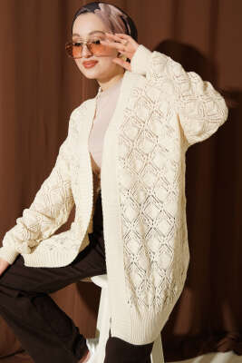 Desenli Ajurlu Triko Hırka Bej - VANİZA TRİKO