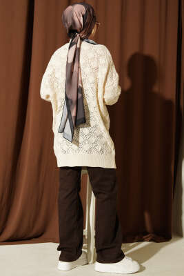 Desenli Ajurlu Triko Hırka Bej - Hırka