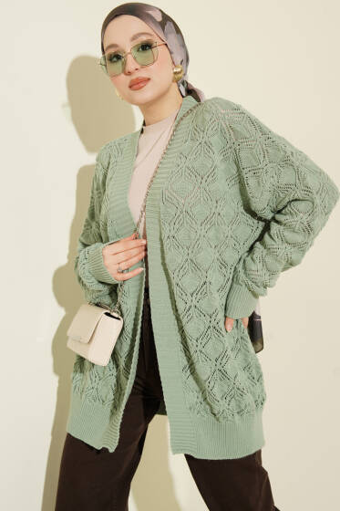 Desenli Ajurlu Triko Hırka Çağla Yeşili - Hırka