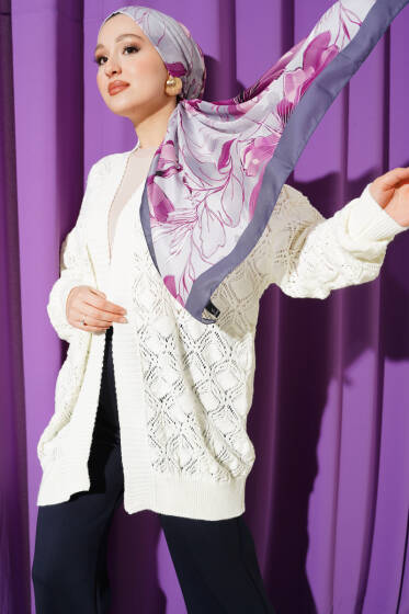 Desenli Ajurlu Triko Hırka Ekru - Hırka