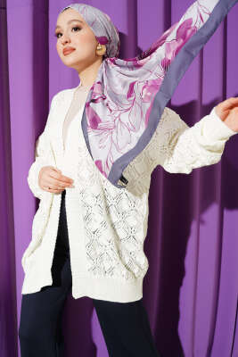 Desenli Ajurlu Triko Hırka Ekru 