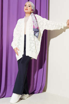 Desenli Ajurlu Triko Hırka Ekru - Yılın Fırsatı