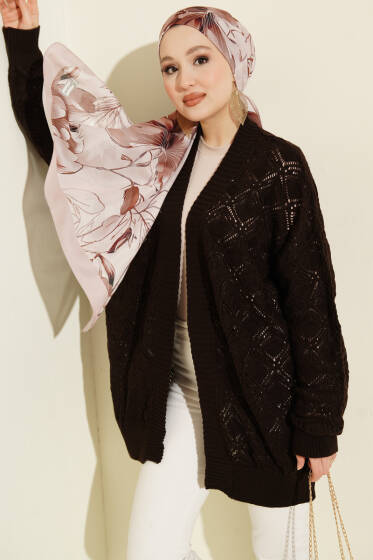 Desenli Ajurlu Triko Hırka Kahve - Hırka