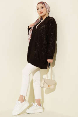 Desenli Ajurlu Triko Hırka Kahve - Hırka