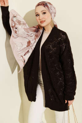 Desenli Ajurlu Triko Hırka Kahve 