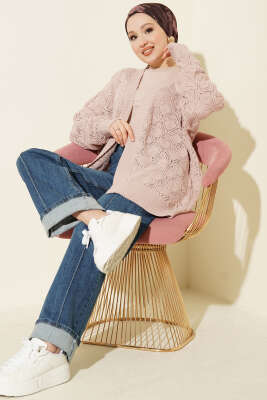 Desenli Ajurlu Triko Hırka Pudra - Hırka