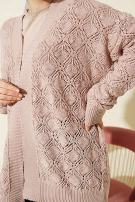 Desenli Ajurlu Triko Hırka Pudra - Hırka