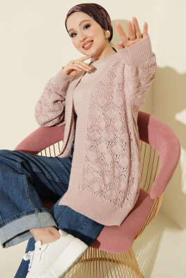 Desenli Ajurlu Triko Hırka Pudra 