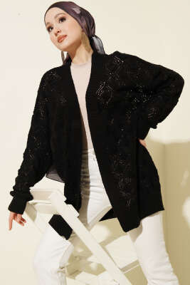 Desenli Ajurlu Triko Hırka Siyah - VANİZA TRİKO