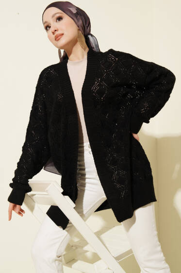 Desenli Ajurlu Triko Hırka Siyah - Hırka