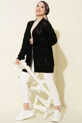 Desenli Ajurlu Triko Hırka Siyah - Hırka