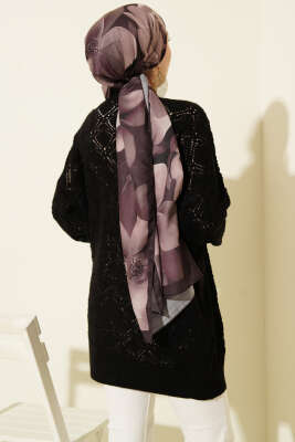 Desenli Ajurlu Triko Hırka Siyah - Yılın Fırsatı