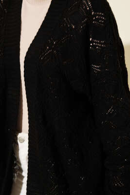 Desenli Ajurlu Triko Hırka Siyah - Yılın Fırsatı