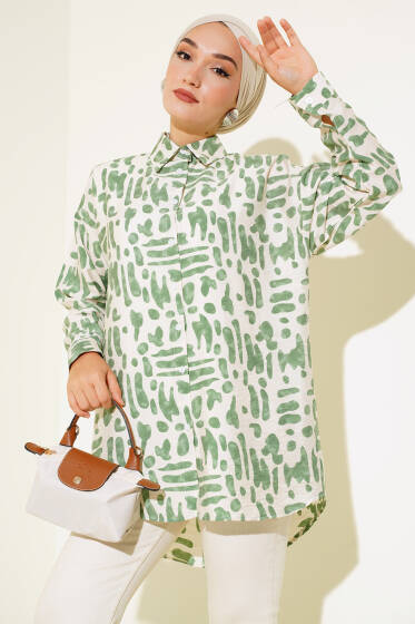 Desenli Arkası Pileli Oversize Gömlek Çağla Yeşili - Gömlek
