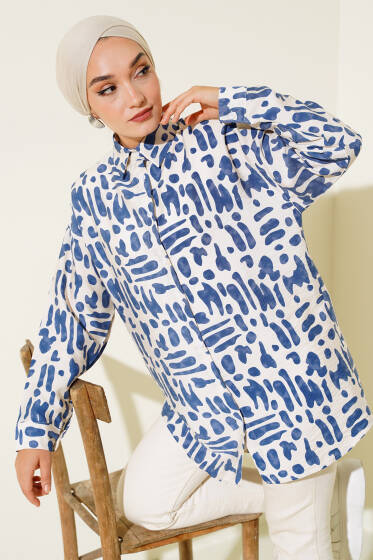 Desenli Arkası Pileli Oversize Gömlek İndigo - Gömlek