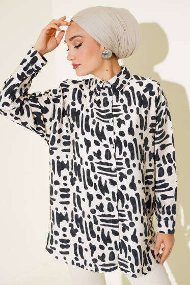 Desenli Arkası Pileli Oversize Gömlek Siyah - Gömlek