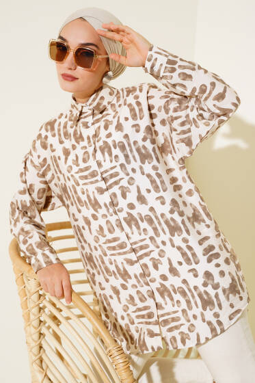 Desenli Arkası Pileli Oversize Gömlek Vizon - Gömlek