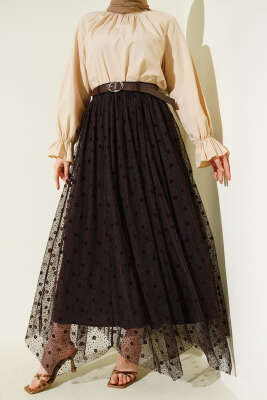 Desenli Asimetrik Kemerli Tül Etek Kahve - NESSİA