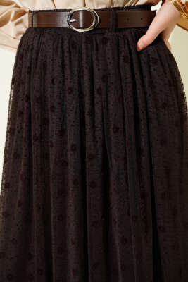 Desenli Asimetrik Kemerli Tül Etek Kahve - Etek