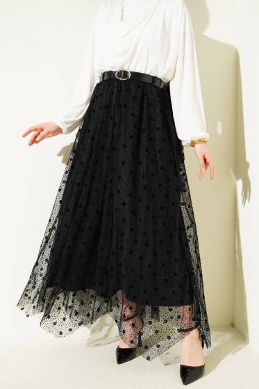 Desenli Asimetrik Kemerli Tül Etek Siyah - Etek