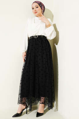 Desenli Asimetrik Kemerli Tül Etek Siyah - Etek