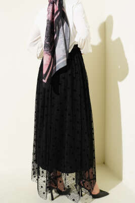 Desenli Asimetrik Kemerli Tül Etek Siyah - Etek