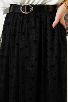 Desenli Asimetrik Kemerli Tül Etek Siyah - Etek