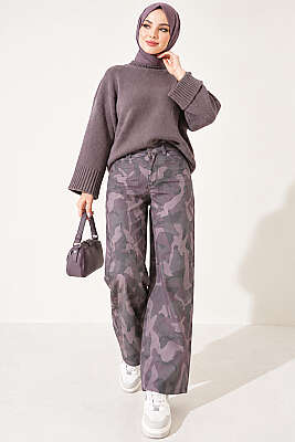 Desenli Baggy Pantolon Vizon - Kadın Giyim Modelleri