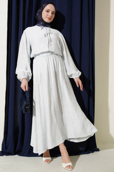 Desenli Bağlama Detaylı Etekli İkili Takım Bebe Mavi - İkili Takım