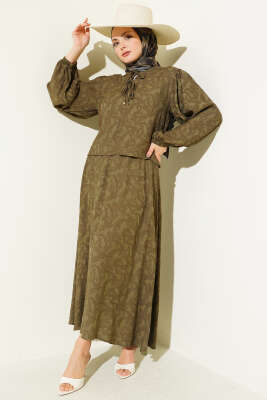 Desenli Bağlama Detaylı Etekli İkili Takım Haki - İkili Takım