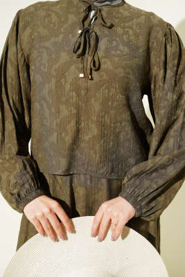 Desenli Bağlama Detaylı Etekli İkili Takım Haki - İkili Takım