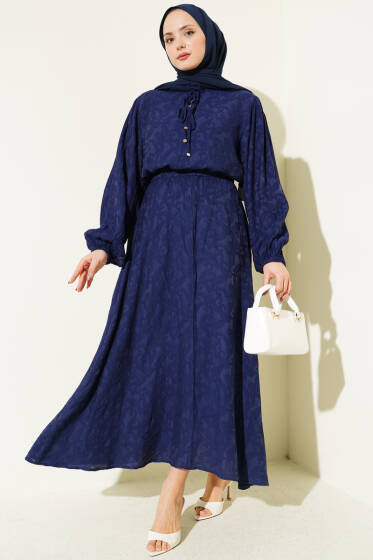 Desenli Bağlama Detaylı Etekli İkili Takım Lacivert - İkili Takım