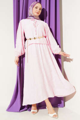 Desenli Bağlama Detaylı Etekli İkili Takım Pembe - TABLO FASHİON