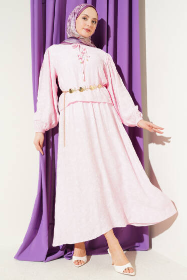 Desenli Bağlama Detaylı Etekli İkili Takım Pembe - İkili Takım