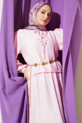 Desenli Bağlama Detaylı Etekli İkili Takım Pembe - İkili Takım