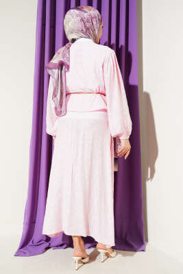 Desenli Bağlama Detaylı Etekli İkili Takım Pembe - İkili Takım