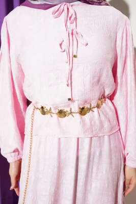 Desenli Bağlama Detaylı Etekli İkili Takım Pembe - İkili Takım