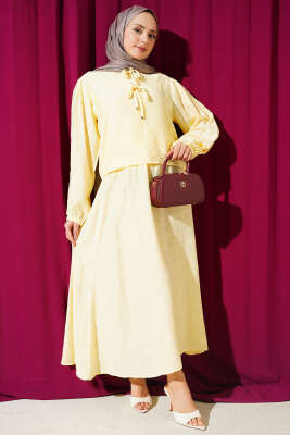 Desenli Bağlama Detaylı Etekli İkili Takım Sarı - TABLO FASHİON