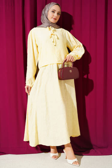 Desenli Bağlama Detaylı Etekli İkili Takım Sarı - İkili Takım