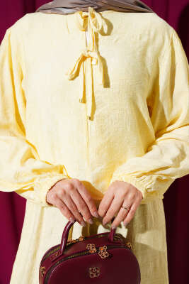 Desenli Bağlama Detaylı Etekli İkili Takım Sarı - İkili Takım