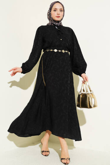 Desenli Bağlama Detaylı Etekli İkili Takım Siyah - İkili Takım