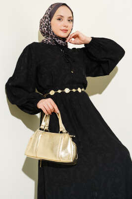 Desenli Bağlama Detaylı Etekli İkili Takım Siyah - İkili Takım