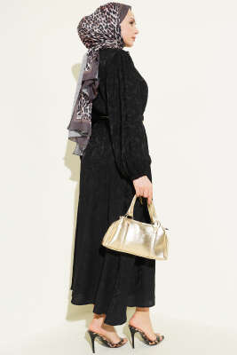 Desenli Bağlama Detaylı Etekli İkili Takım Siyah - İkili Takım