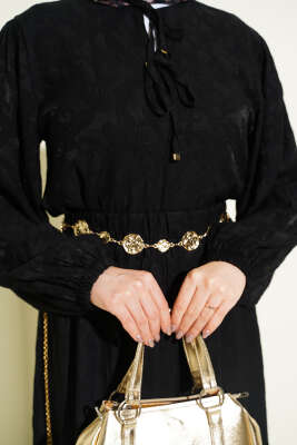 Desenli Bağlama Detaylı Etekli İkili Takım Siyah - İkili Takım