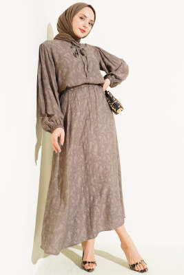 Desenli Bağlama Detaylı Etekli İkili Takım Vizon - TABLO FASHİON