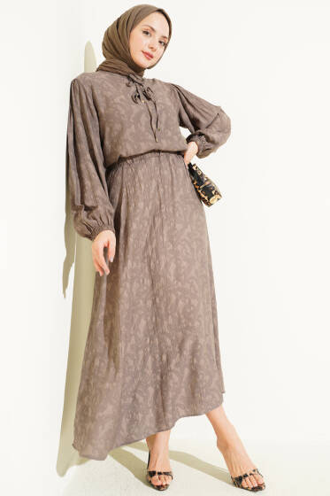 Desenli Bağlama Detaylı Etekli İkili Takım Vizon - İkili Takım